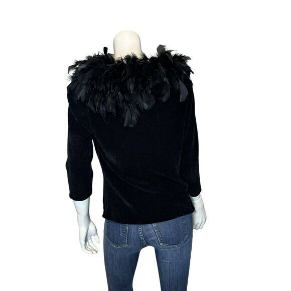 VINTAGE Y2K Feather‎ Embellished Sweater Women’s Petite M Black Dressy Witchy - Picture 4 of 6